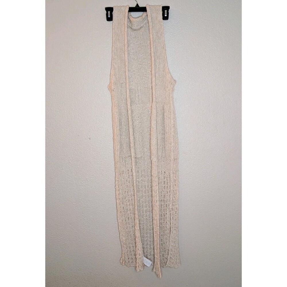 FREE PRESS Long Knit Vest Duster Cardigan One Size Beige Boho Crochet Mesh Maxi